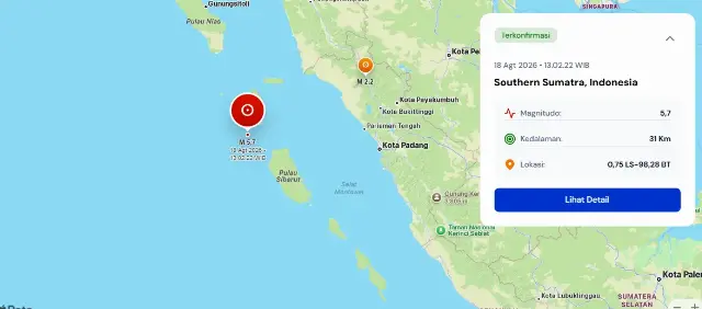 Gempa M5,7 Guncang Sumatra Barat, Getaran Terasa sampai Padang