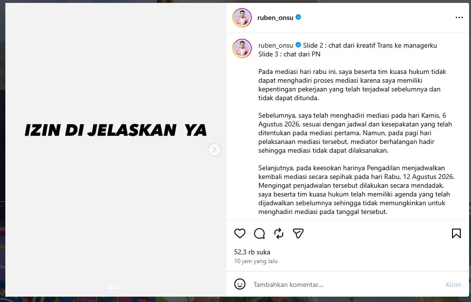 Ruben Onsu Akhirnya Buka Suara Soal Ketidakhadirannya di Sidang Mediasi